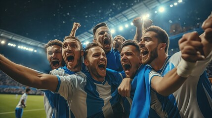 Sports football team rejoices at victory - obrazy, fototapety, plakaty