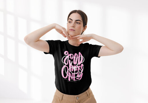 Mockup of woman wearing customizable t-shirt with logo