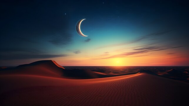 A captivating image of a crescent moon over a tranquil desert