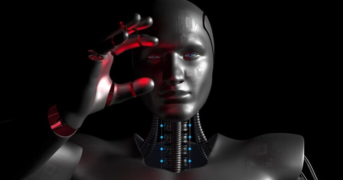 Futuristic AI Robot Holding Something And Analyzing. Luma Channel. Technology And Science Related 3D Animation. 