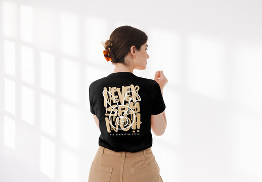 Mockup of woman wearing customizable t-shirt and logo