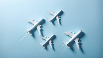 3D illustration of four white planes gliding against a sky blue background