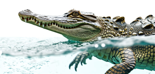 Underwater view of a swimming crocodile isolated on a transparent background - obrazy, fototapety, plakaty