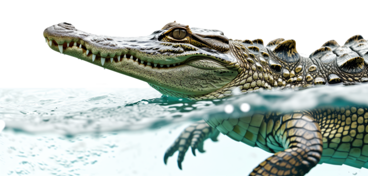 Underwater view of a swimming crocodile isolated on a transparent background