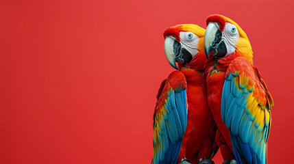 Macaw parrots on a red background with space for text.