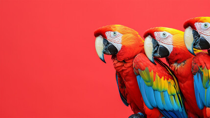 Fototapeta premium Macaw parrots on a red background with space for text.