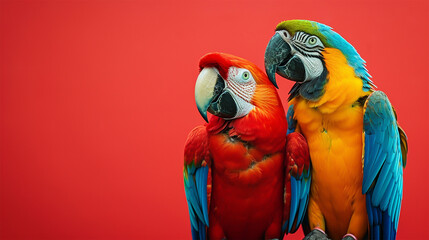 Macaw parrots on a red background with space for text.