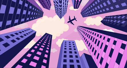 Plane flying over high rise buildings lofi wallpaper. Airplane skyscrapers below view 2D cartoon flat illustration. Aircraft megalopolis. Dreamy chill vector art, lo fi aesthetic colorful background - obrazy, fototapety, plakaty