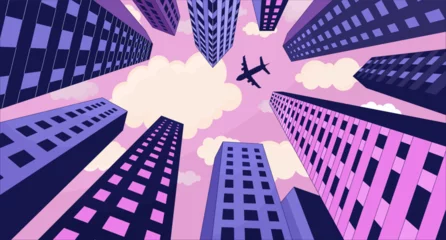 Deurstickers Plane flying over high rise buildings lofi wallpaper. Airplane skyscrapers below view 2D cartoon flat illustration. Aircraft megalopolis. Dreamy chill vector art, lo fi aesthetic colorful background © The img