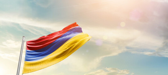 Armenia national flag cloth fabric waving on the sky - Image