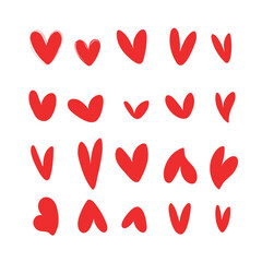 Collection red hearts on white background.