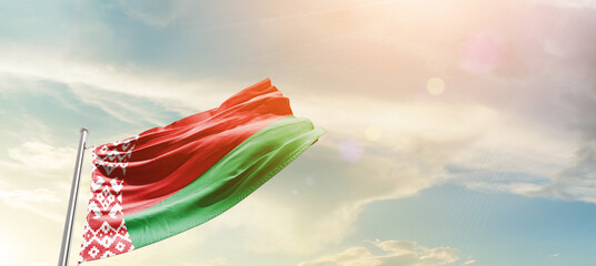 Belarus national flag cloth fabric waving on the sky - Image