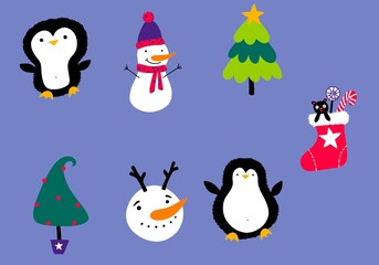 Christmas cartoon doodle set Santa and penguin and snowman pattern for wrapping paper and fabrics