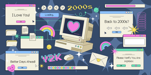 Y2K sticker set with retro computer screen, vintage objects and opened dialogue windows, texts, decorative elements, buttons and loading bars. Vector illustration.