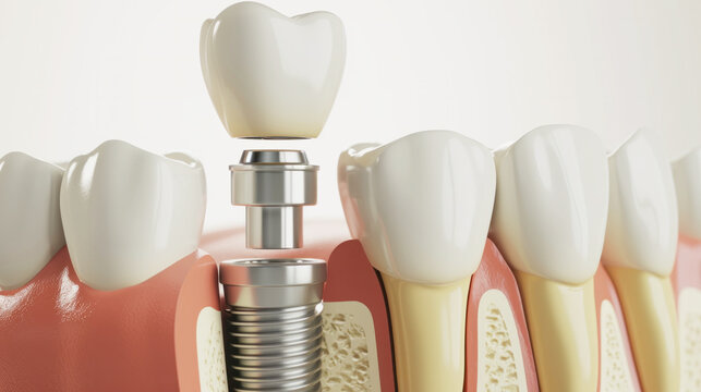 Mental model dental implant installation procedure, way of restoring missing tooth, implant is placed in the gums of the oral, Doctor consulting patient in clinic, dental plate denture, illustration