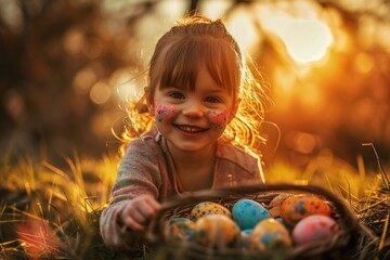 Fototapeta na wymiar Child smiling with basket of easter eggs, easter holiday concept, bokeh background. Generative AI