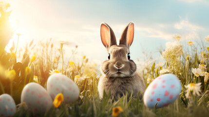 Fototapeta na wymiar The Easter Bunny in a sun-drenched meadow with graceful wildflowers and colorful Easter eggs makes the perfect spring card with space for text.