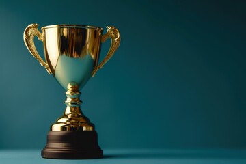Golden trophy for award, success and achievement concept, blue background. Generative AI