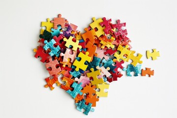 Heart made of colorful puzzle pieces, World Autism Awareness Day concept, white background. Generative AI