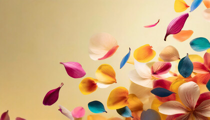 Petals falling against a light golden background, festive mood, vibrant colours