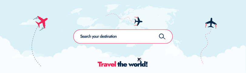 Travel and tourism. Travel agency  Facebook cover banner with search bar to search for you destination. Travelling company banner with airplane icons and sky view. Plan your tour now, online booking © Sabeen