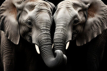 Two elephants hugging each other with their heads