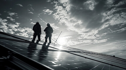 Two workers installing solar panels on roof. 