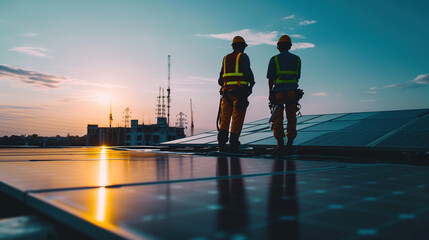 Two workers installing solar panels on roof.  - obrazy, fototapety, plakaty
