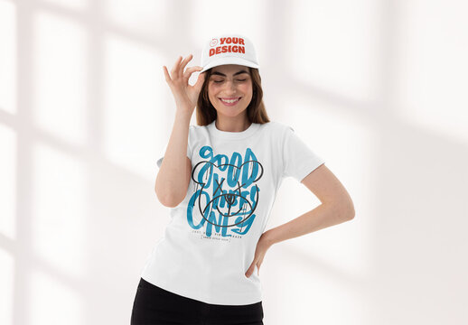 Mockup of woman wearing customizable t-shirt and cap