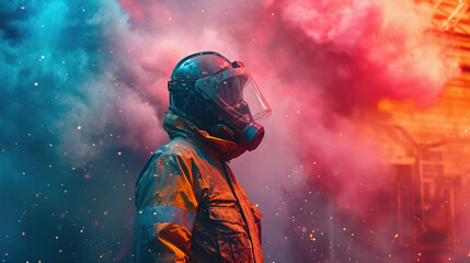 Man in hazmat with colourful booms on background. 