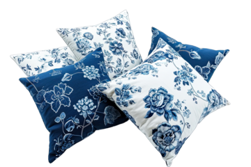 White And Navy Blue Luxury Pillow With Floral Pattern On Transparent Background