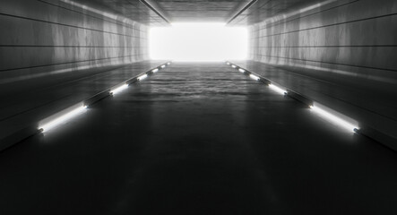 Futuristic illuminated corridor tunnel interior with light. Abstract Future background design. Technology Sci-fi hi tech concept. 3d rendering