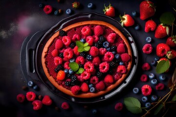 Delicious raspberry cake with fresh strawberries, raspberries, blueberry, currants and pistachios on vintage background. Copy space.