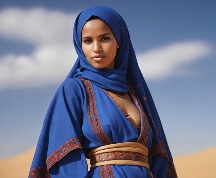 Tuareg woman in authentic national blue dress.