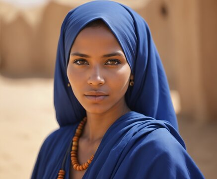 Tuareg woman in authentic national blue dress.
