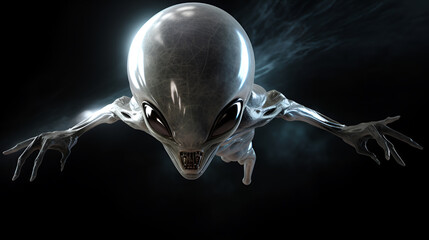 A terrible evil alien humanoid with aggressive bared fangs and big eyes, gray slippery skin attacks flies in black outer space - obrazy, fototapety, plakaty