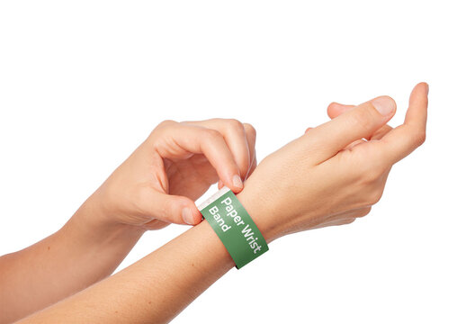 Mockup of person wearing customizable paper wristband