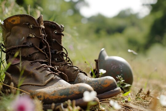 Pair of soldiers boots and helmet on the grass of a field, concept of war and social problems. Generative AI