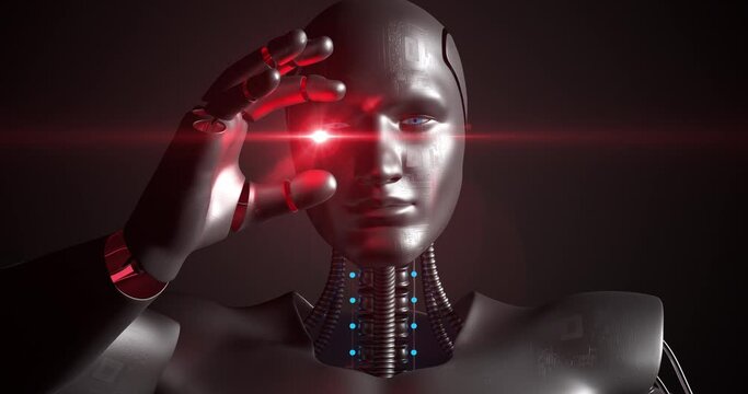 AI High Tech Robot Holding A Light With His Hand. Technology And Science Related 3D Animation. 