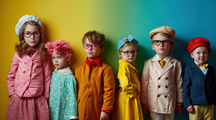Group of children on thematic photoset. Dressed up colourful and standing near wall