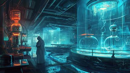 Futuristic science laboratory. Laboratory of future. Working with chemicals and holograms