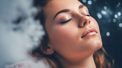 beautiful woman sleeping among cotton clouds, rest concept. created with ai.