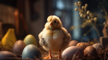 small yellow chicken in a on a farm background. postcard with copy space, easter concept. created with ai.