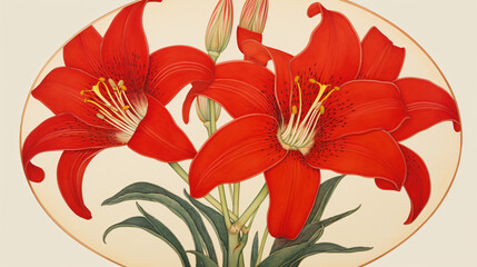 The red lily has large red petals circular border