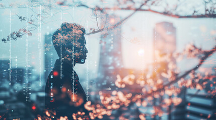 double exposure of asian man, cherry blossom and cityscape