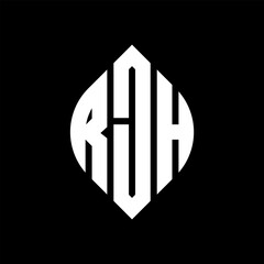 RJH circle letter logo design with circle and ellipse shape. RJH ellipse letters with typographic style. The three initials form a circle logo. RJH circle emblem abstract monogram letter mark vector.