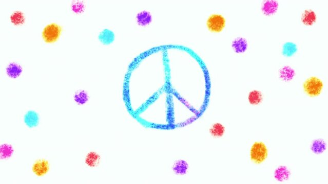 Hand drawn animated symbol of peace on colorful background with polka dot. Crayon animation with Peace icon. Cartoon. Cartoony. Film grain pixel texture. Animation 2d. Animated Loop. Repeating.
