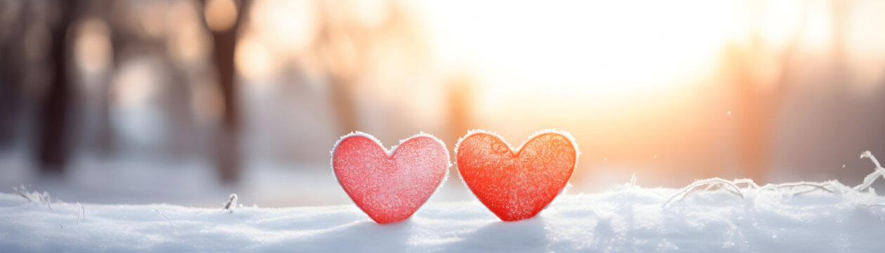 Cool hearts on the snow bikeh nature background banner for valentine day holiday