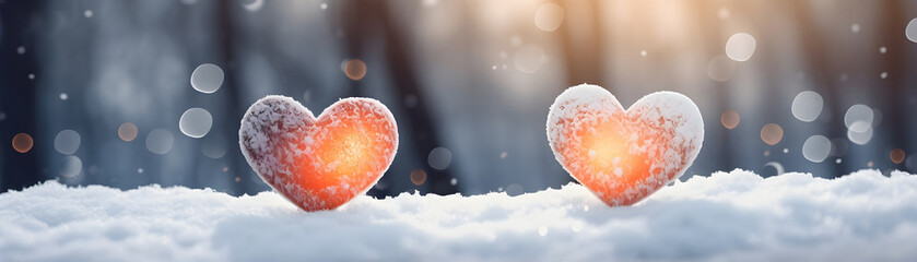 Cool hearts on the snow bikeh nature background banner for valentine day holiday