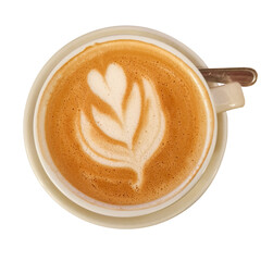 Top view of Hot coffee cappuccino latte art isolated on white background. / latte art coffee or...